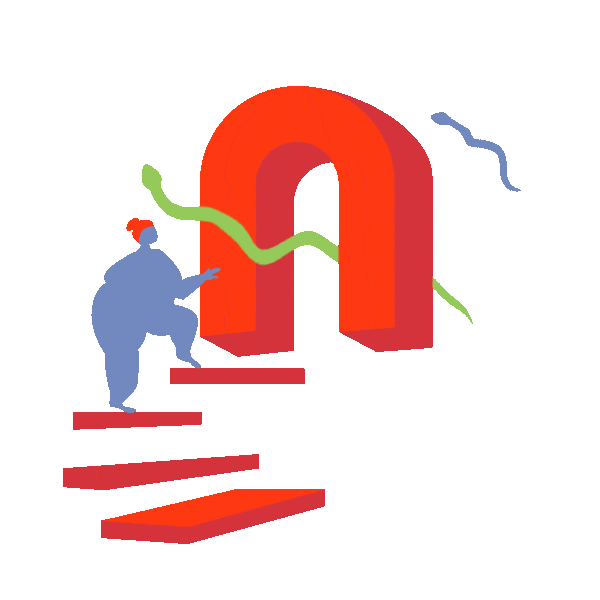 A plump blue figure with orange hair climbs floating orange steps that ascend toward a orange archway