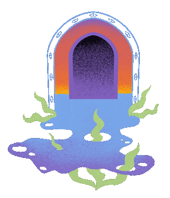 A mysterious archway frames a portal that glows within with warm purple; before the arch is a pool of shimmering water.