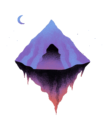 A dusky mountain with shadowy entrance that leads inside. A blue quarter moon is nestled in the sky.
