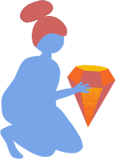 A blue figure with red hair kneels and holds a bright orange gem.